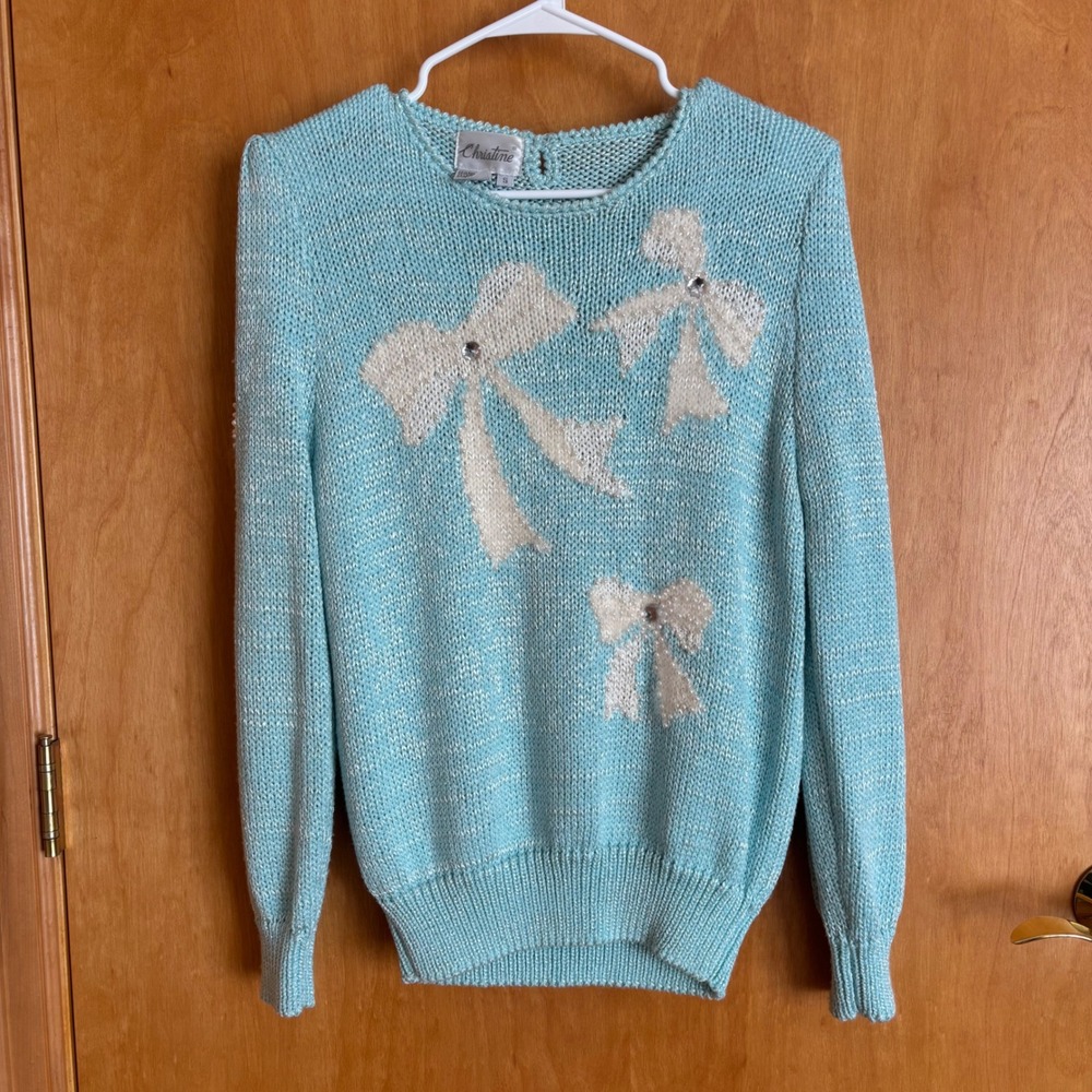 Vintage Christine Angora Blend Bows Rhinestone Sweater Blue Knit Size Small